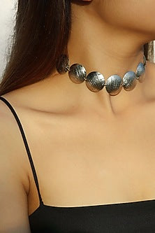 Silver Finish Brass Textured Choker Necklace