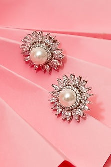 White Finish Pearl Stud Earrings In Sterling Silver