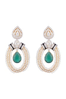 White & Gold Finish Cubic Zirconia, Pearl & Cut Emerald Earrings