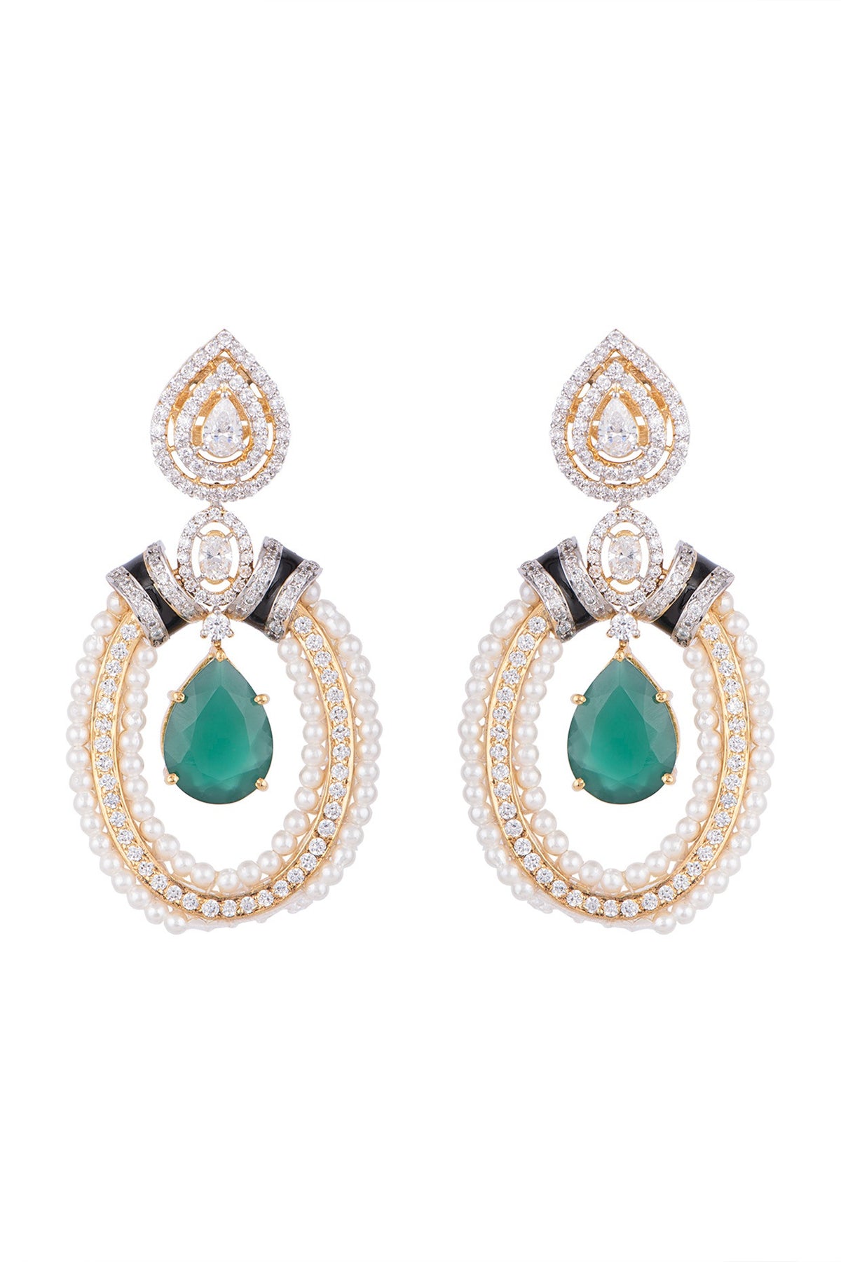 White & Gold Finish Cubic Zirconia, Pearl & Cut Emerald Earrings