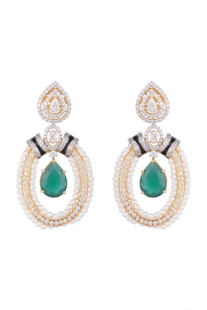 White & Gold Finish Cubic Zirconia, Pearl & Cut Emerald Earrings