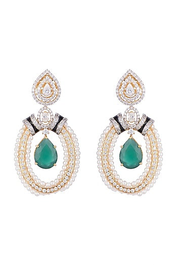 White & Gold Finish Cubic Zirconia, Pearl & Cut Emerald Earrings