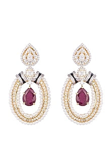 White & Gold Finish Cubic Zirconia, Ruby & Pearl Earrings