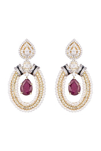 White & Gold Finish Cubic Zirconia, Ruby & Pearl Earrings