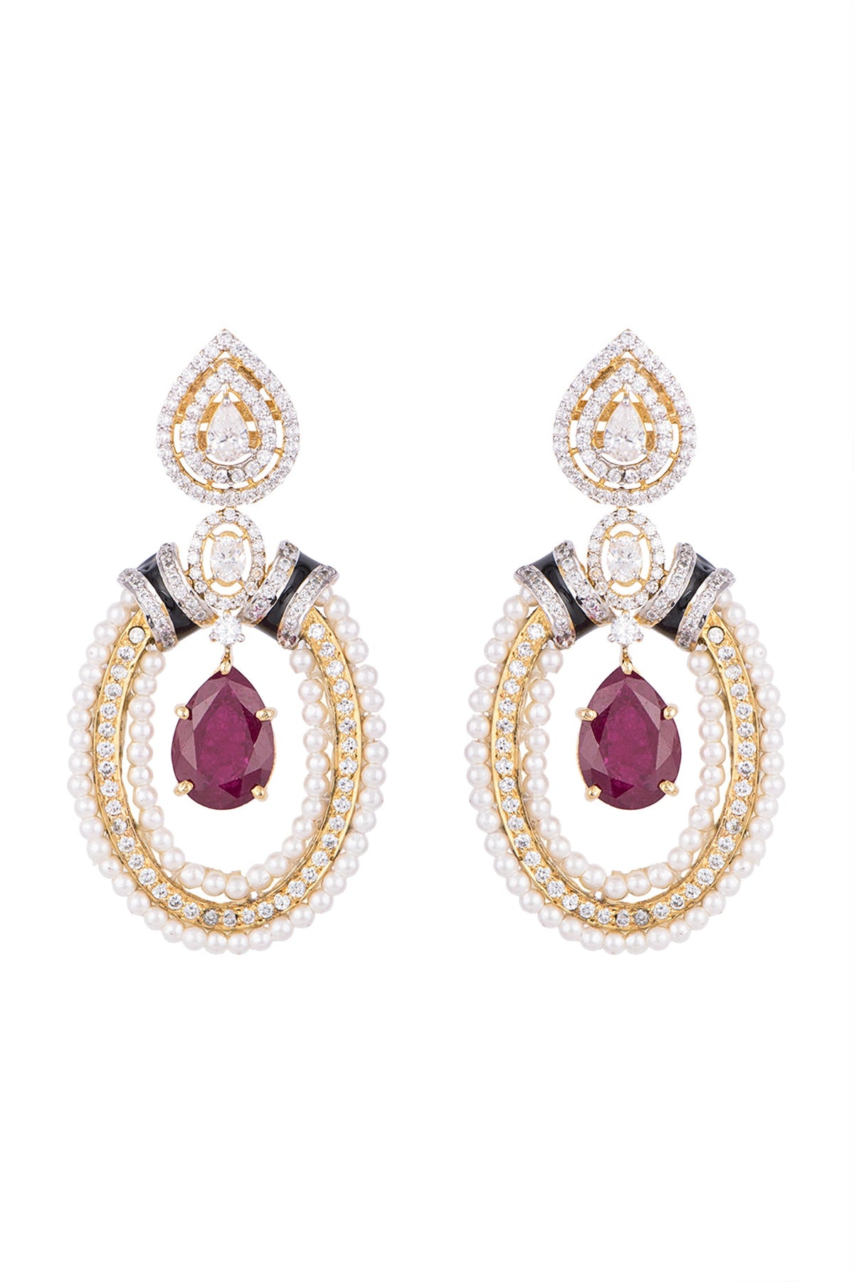 White & Gold Finish Cubic Zirconia, Ruby & Pearl Earrings