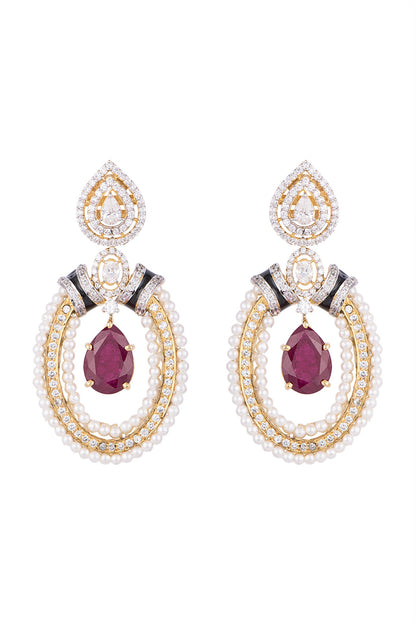 White & Gold Finish Cubic Zirconia, Ruby & Pearl Earrings