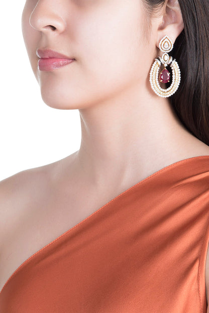 White & Gold Finish Cubic Zirconia, Ruby & Pearl Earrings
