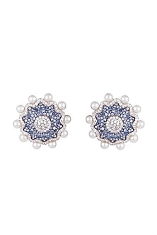 White & Gold Finish Cubic Zirconia, Blue CZ & Pearl Stud Earrings