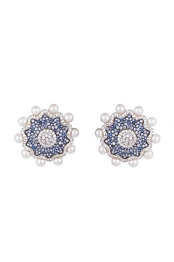 White & Gold Finish Cubic Zirconia, Blue CZ & Pearl Stud Earrings
