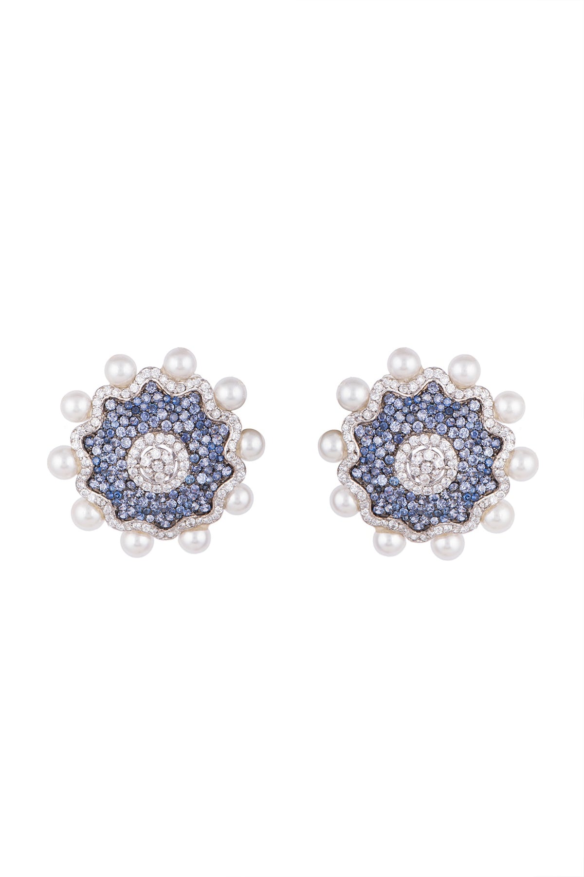 White & Gold Finish Cubic Zirconia, Blue CZ & Pearl Stud Earrings