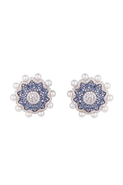 White & Gold Finish Cubic Zirconia, Blue CZ & Pearl Stud Earrings