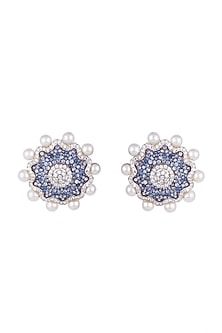 White & Gold Finish Cubic Zirconia, Blue CZ & Pearl Stud Earrings
