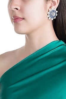 White & Gold Finish Cubic Zirconia, Blue CZ & Pearl Stud Earrings