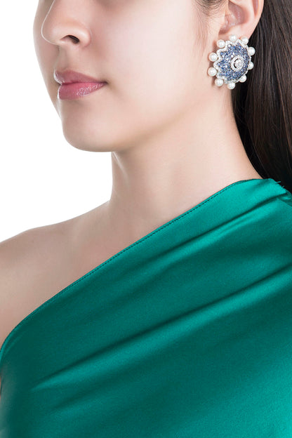 White & Gold Finish Cubic Zirconia, Blue CZ & Pearl Stud Earrings