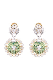 White & Gold Finish Cubic Zirconia, Green CZ & Pearl Long Earrings