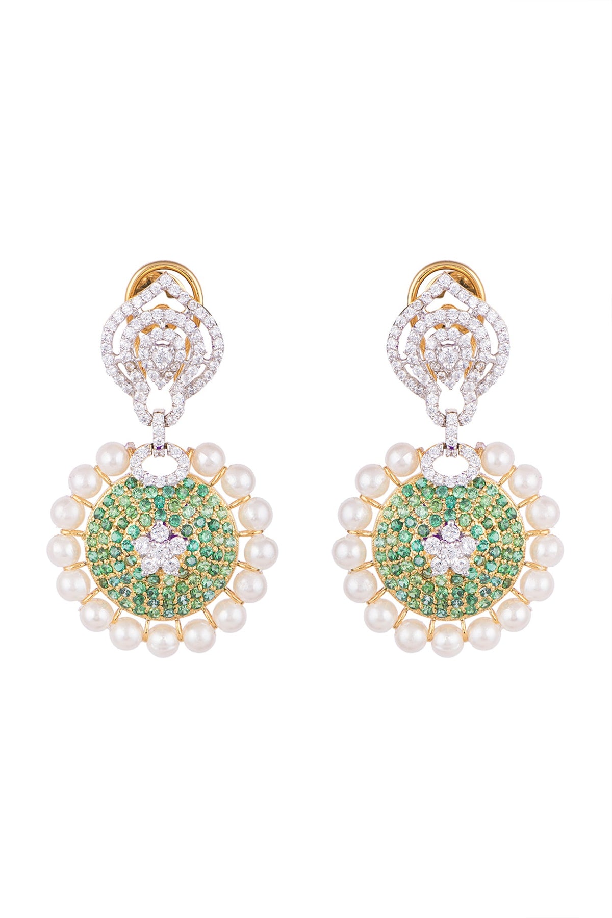 White & Gold Finish Cubic Zirconia, Green CZ & Pearl Long Earrings