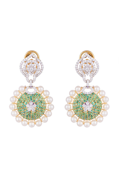 White & Gold Finish Cubic Zirconia, Green CZ & Pearl Long Earrings