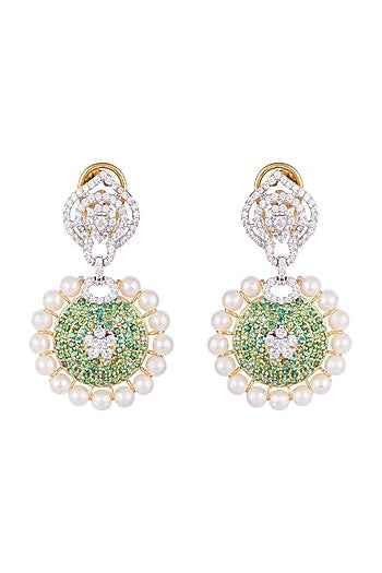 White & Gold Finish Cubic Zirconia, Green CZ & Pearl Long Earrings