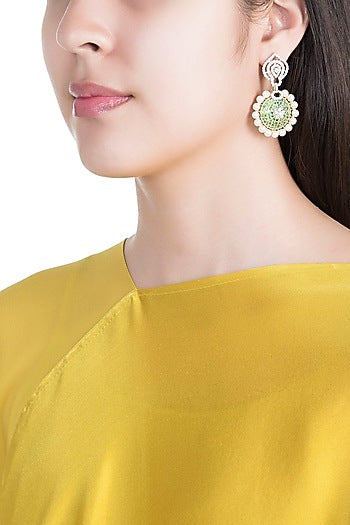 White & Gold Finish Cubic Zirconia, Green CZ & Pearl Long Earrings
