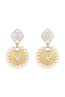 White & Gold Finish Cubic Zirconia, Yellow CZ & Pearl Long Earrings