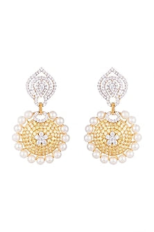 White & Gold Finish Cubic Zirconia, Yellow CZ & Pearl Long Earrings