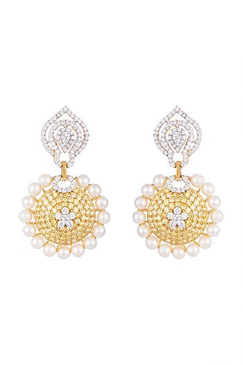 White & Gold Finish Cubic Zirconia, Yellow CZ & Pearl Long Earrings