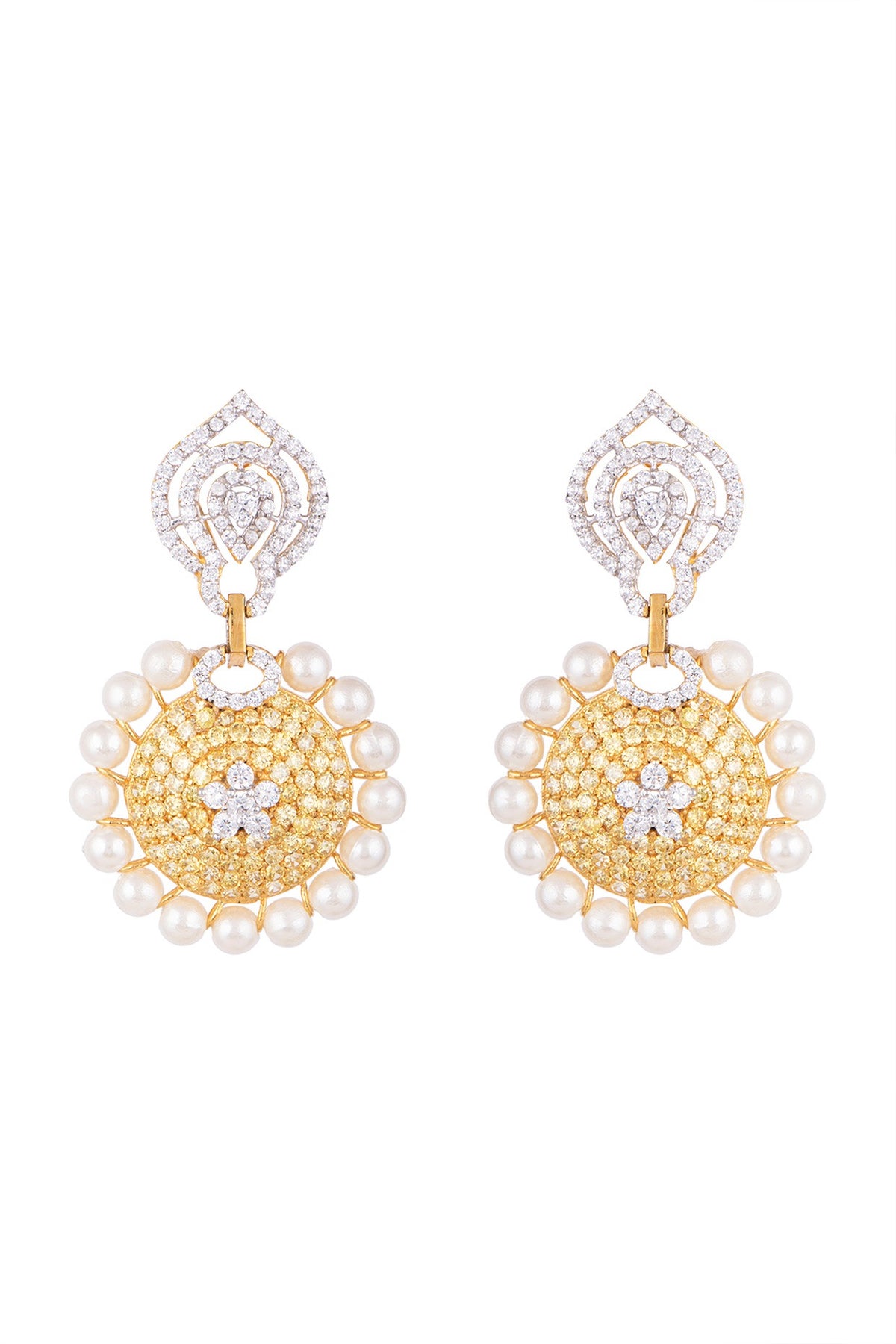 White & Gold Finish Cubic Zirconia, Yellow CZ & Pearl Long Earrings