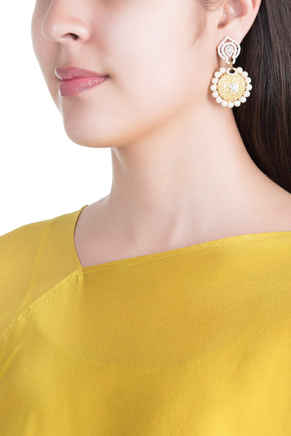White & Gold Finish Cubic Zirconia, Yellow CZ & Pearl Long Earrings