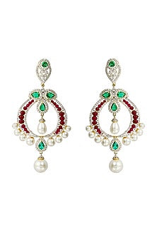 White Finish Ruby & Emerald Dangler Earrings In Sterling Silver