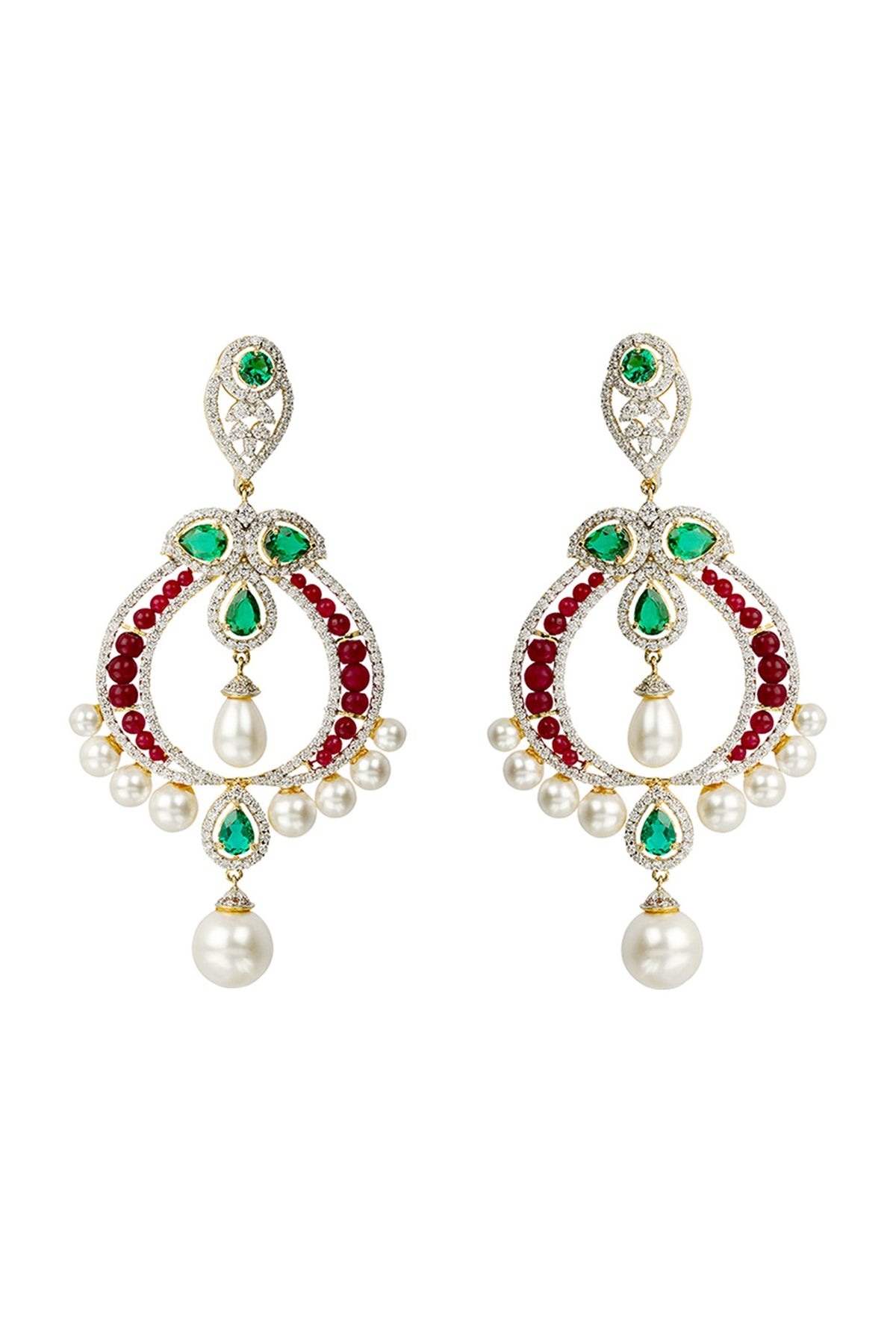 White Finish Ruby & Emerald Dangler Earrings In Sterling Silver
