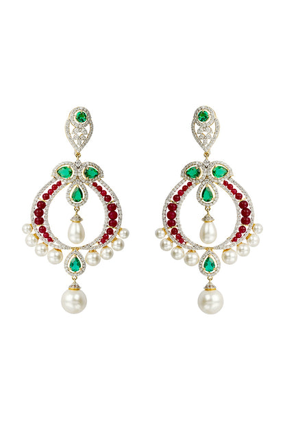 White Finish Ruby & Emerald Dangler Earrings In Sterling Silver