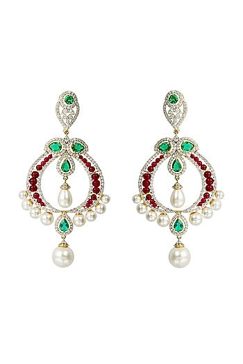 White Finish Ruby & Emerald Dangler Earrings In Sterling Silver