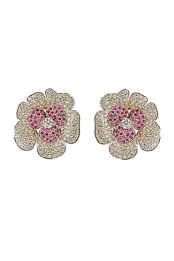 White Finish Red & White Cubic Zirconia Stud Earrings In Sterling Silver