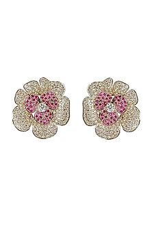 White Finish Red & White Cubic Zirconia Stud Earrings In Sterling Silver