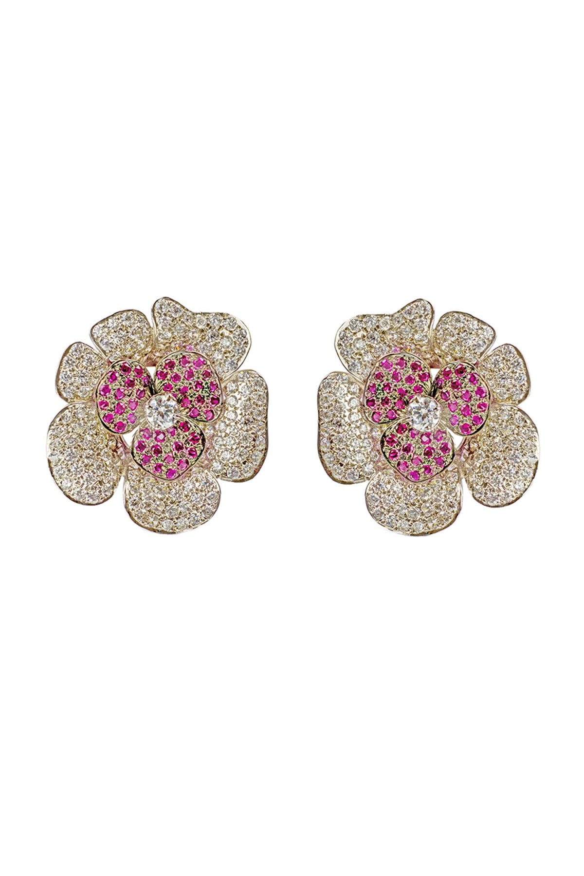 White Finish Red & White Cubic Zirconia Stud Earrings In Sterling Silver