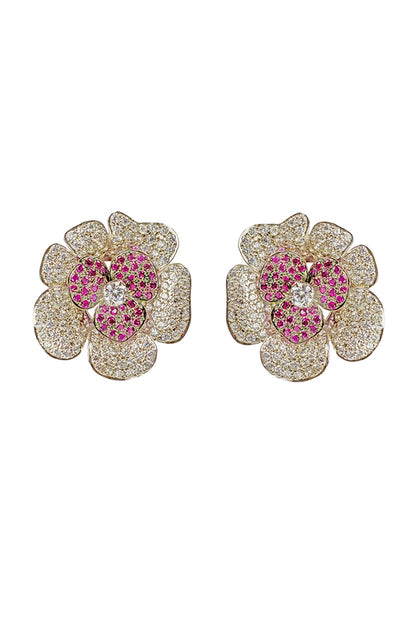 White Finish Red & White Cubic Zirconia Stud Earrings In Sterling Silver