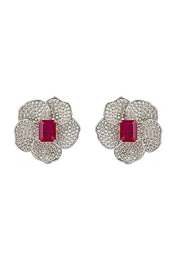 White Finish Cubic Zirconia & Ruby Stud Earrings In Sterling Silver