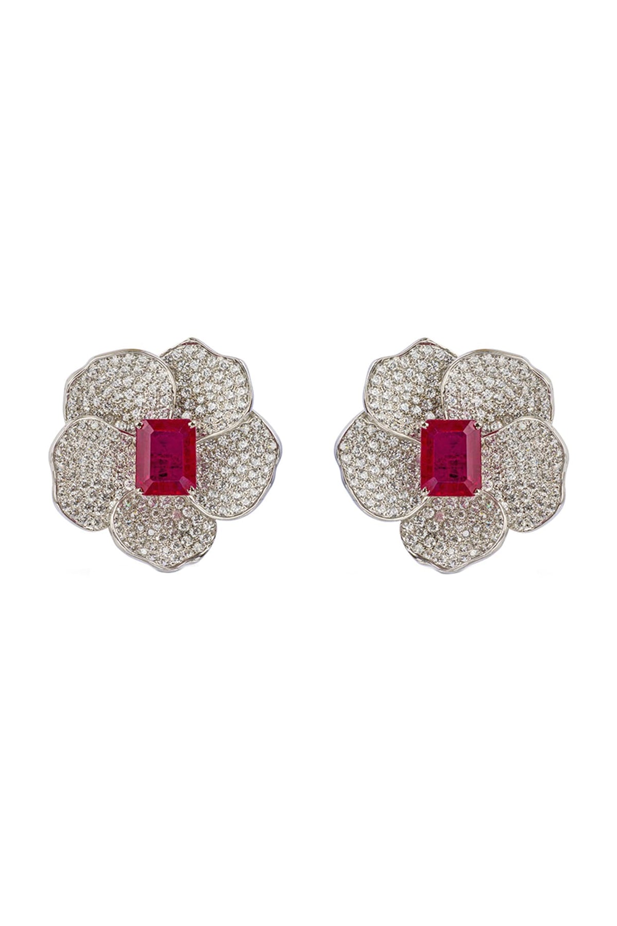 White Finish Cubic Zirconia & Ruby Stud Earrings In Sterling Silver