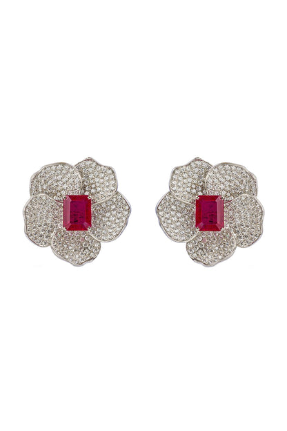 White Finish Cubic Zirconia & Ruby Stud Earrings In Sterling Silver