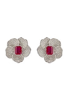 White Finish Cubic Zirconia & Ruby Stud Earrings In Sterling Silver