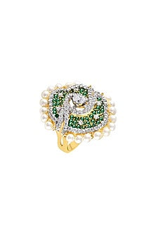 White Finish Green Cubic Zirconia Ring In Sterling Silver