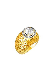 Gold Finish Cubic Zirconia Ring In Sterling Silver