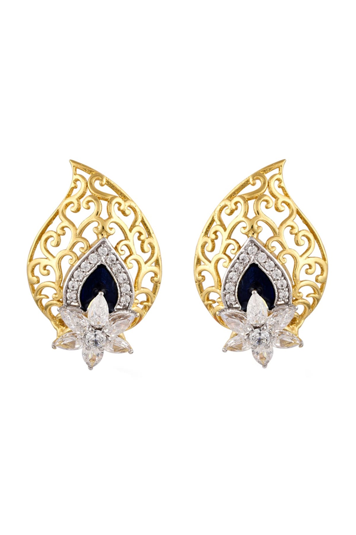 Gold Finish Cubic Zirconia Blue Enamelled Stud Earrings In 92.5 Sterling Silver