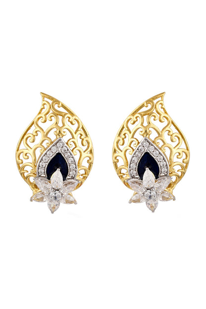 Gold Finish Cubic Zirconia Blue Enamelled Stud Earrings In 92.5 Sterling Silver