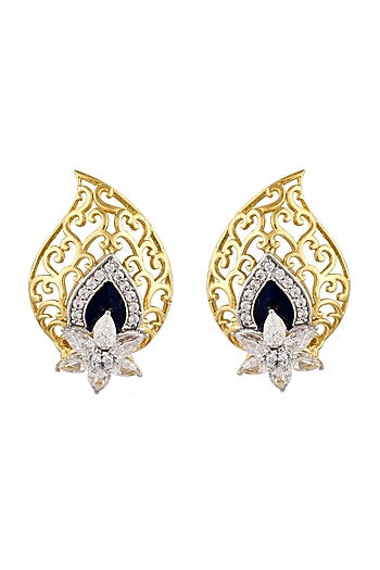 Gold Finish Cubic Zirconia Blue Enamelled Stud Earrings In 92.5 Sterling Silver