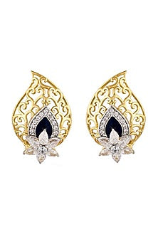 Gold Finish Cubic Zirconia Blue Enamelled Stud Earrings In 92.5 Sterling Silver