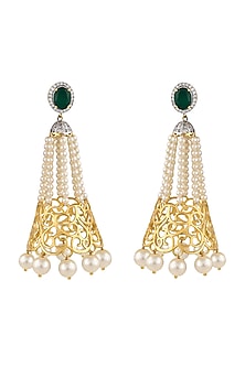 Gold Finish Emerald & Pearl Dangler Earrings In 92.5 Sterling Silver