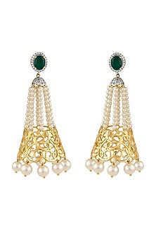 Gold Finish Emerald & Pearl Dangler Earrings In 92.5 Sterling Silver