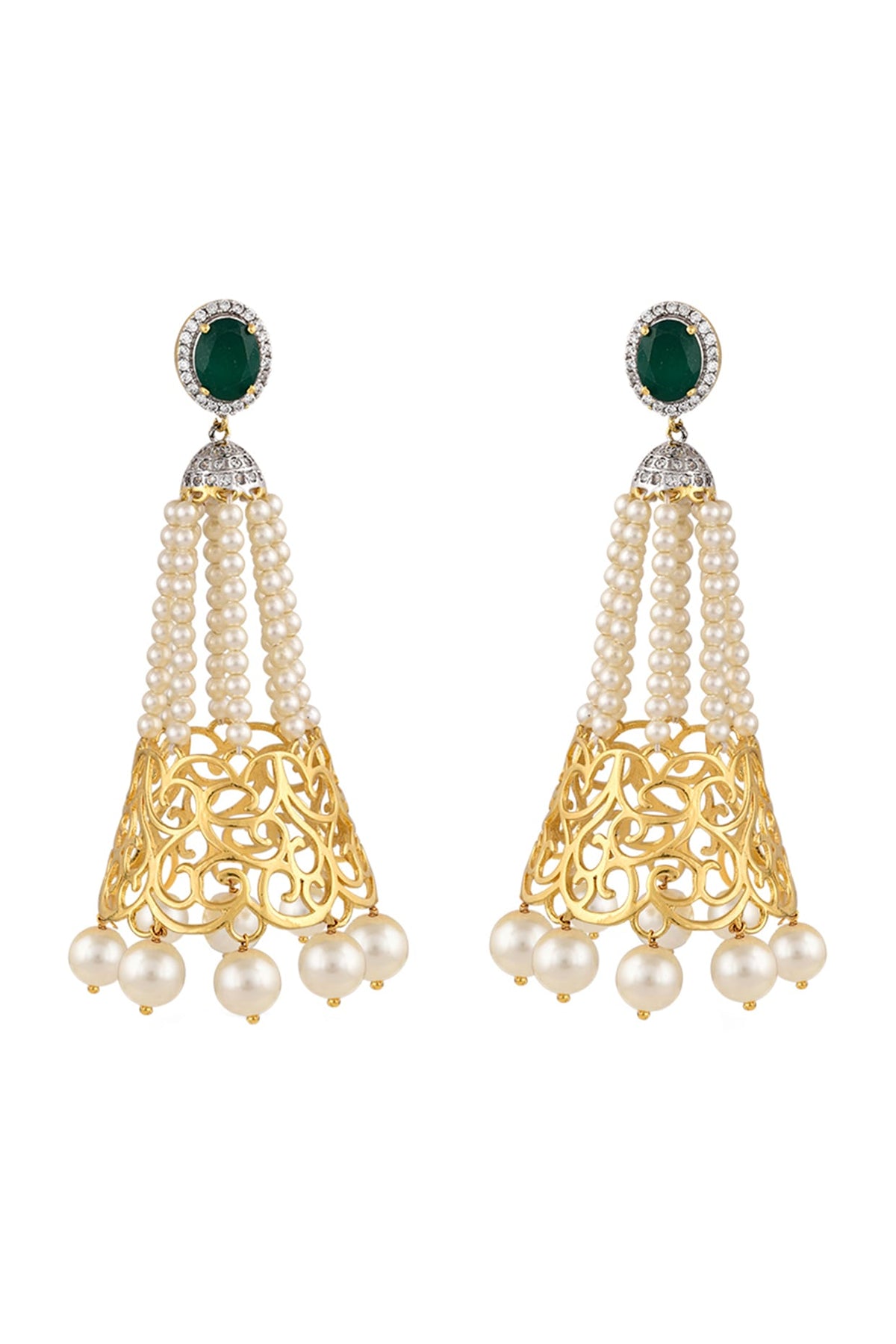 Gold Finish Emerald & Pearl Dangler Earrings In 92.5 Sterling Silver