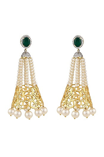 Gold Finish Emerald & Pearl Dangler Earrings In 92.5 Sterling Silver